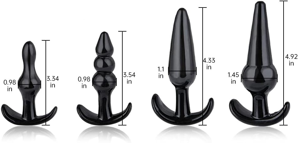 A set of four black anal plugs of varying sizes, each with a different shape designed for anal stimulation.