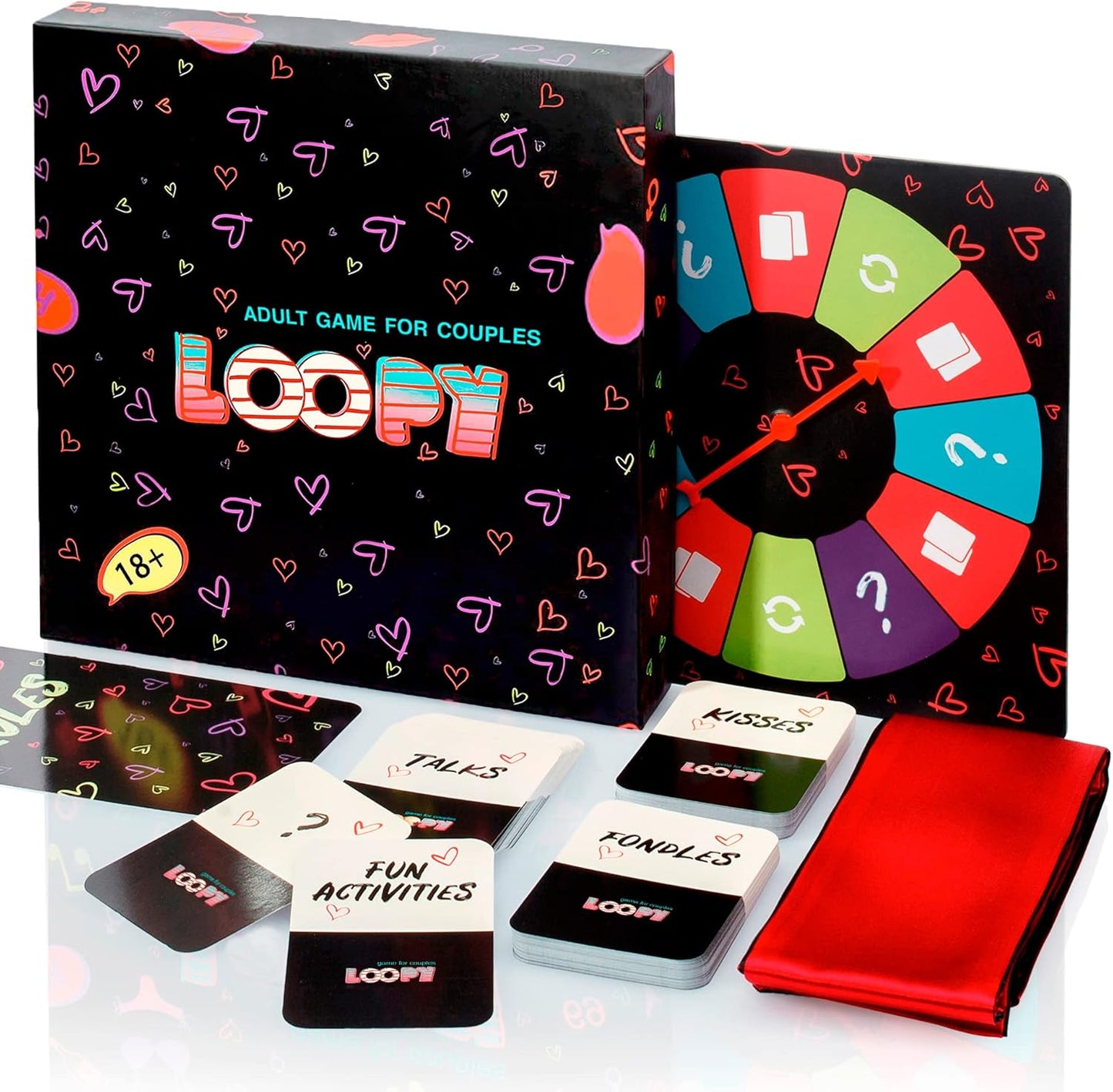 The image shows the Loopy Couples Game set which includes a box, a playing board with a colorful wheel, various cards, and a red satin blindfold.