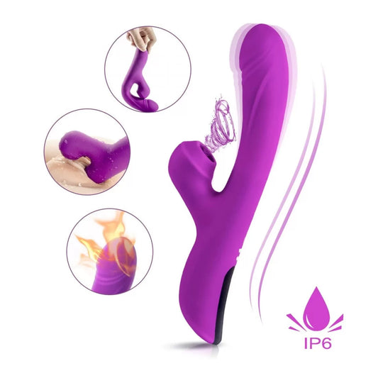 A purple clitoral stimulator with a sleek, phallic design. The product image also includes close-up views showing the device's texture and a visual of the waterproof feature.