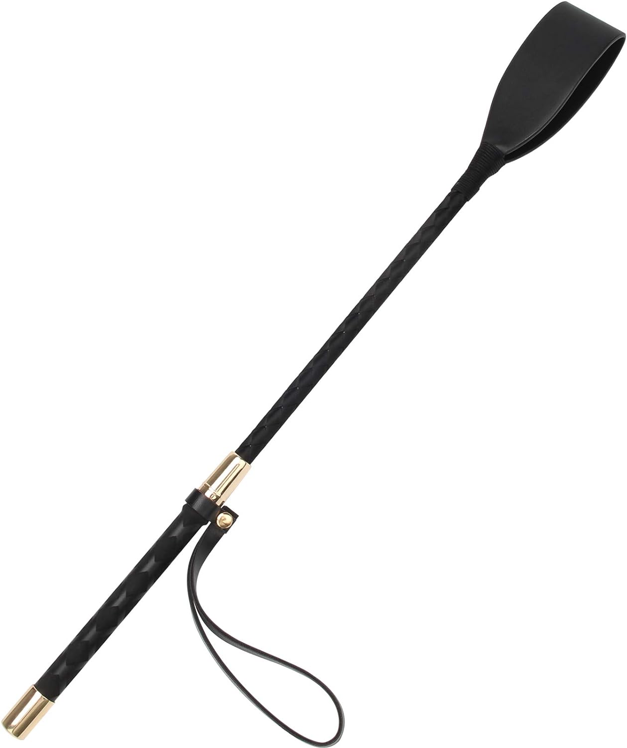 A black leather riding crop with a fiberglass core, featuring a sleek design with a cushioned end and a handle with a black glove.