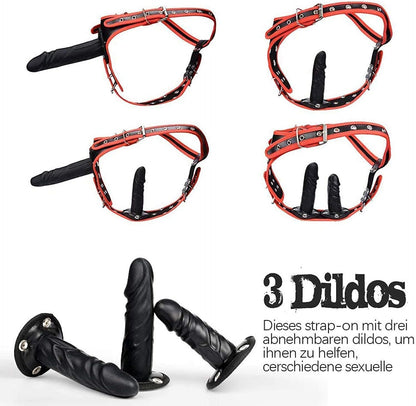 The image shows a set of three black dildos in different shapes and a red and black faux leather strap-on belt with adjustable straps. The belt is designed with no sharp edges and appears to be comfortable for wear.