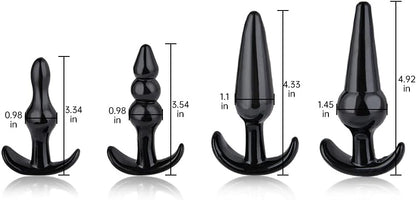 A set of four black anal plugs of varying sizes, each with a different shape designed for anal stimulation.